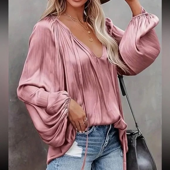 Luxe Satin Neck Tie Lantern Long sleeve Blouse - Picture 7 of 13